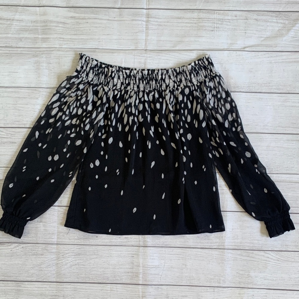 White House Black Market WHBM Chic Black Off-Shoulder Blouse with White Dots